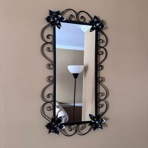 Wall Mirror Black metal Scroll Work Floral Accents 22” By 12”